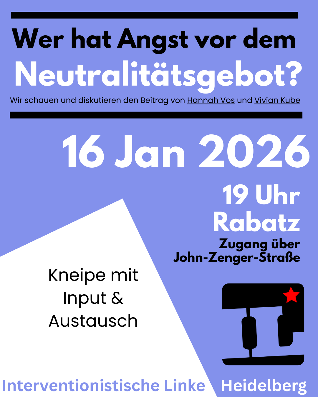 16. Januar 19:00 | KNEIPE mit Input & Austausch: “Wer hat Angst vor dem Neutralitätsgebot”